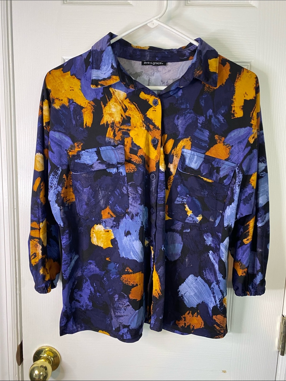 Ava & Grace Navy, Purple & Gold Abstract Brushstroke Button-Front Shirt Size Med